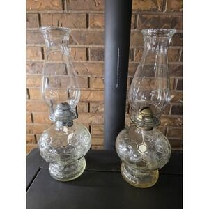 Pair of LAMPLIGHT FARMS Clear Glass Beehive Honeycomb Pattern Vintage Oil Lamp